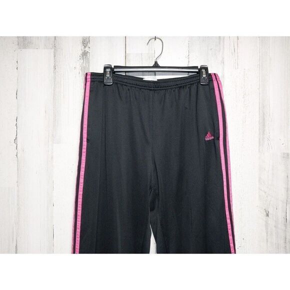 Women's Adidas 3 Stripe Black Pink Crop Pants Drawstring Pockets Large - Picture 3 of 8